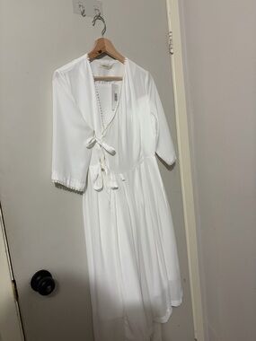 New Korean Fusion Traditional White Wrap Midi Dress with Tie Waist